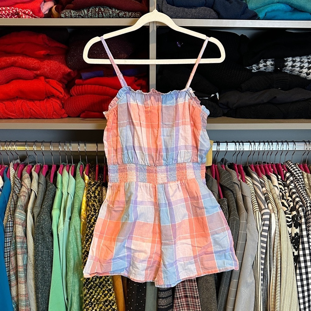 There Abouts blue/coral plaid adjustable strap smocked waistband romper XS NWT